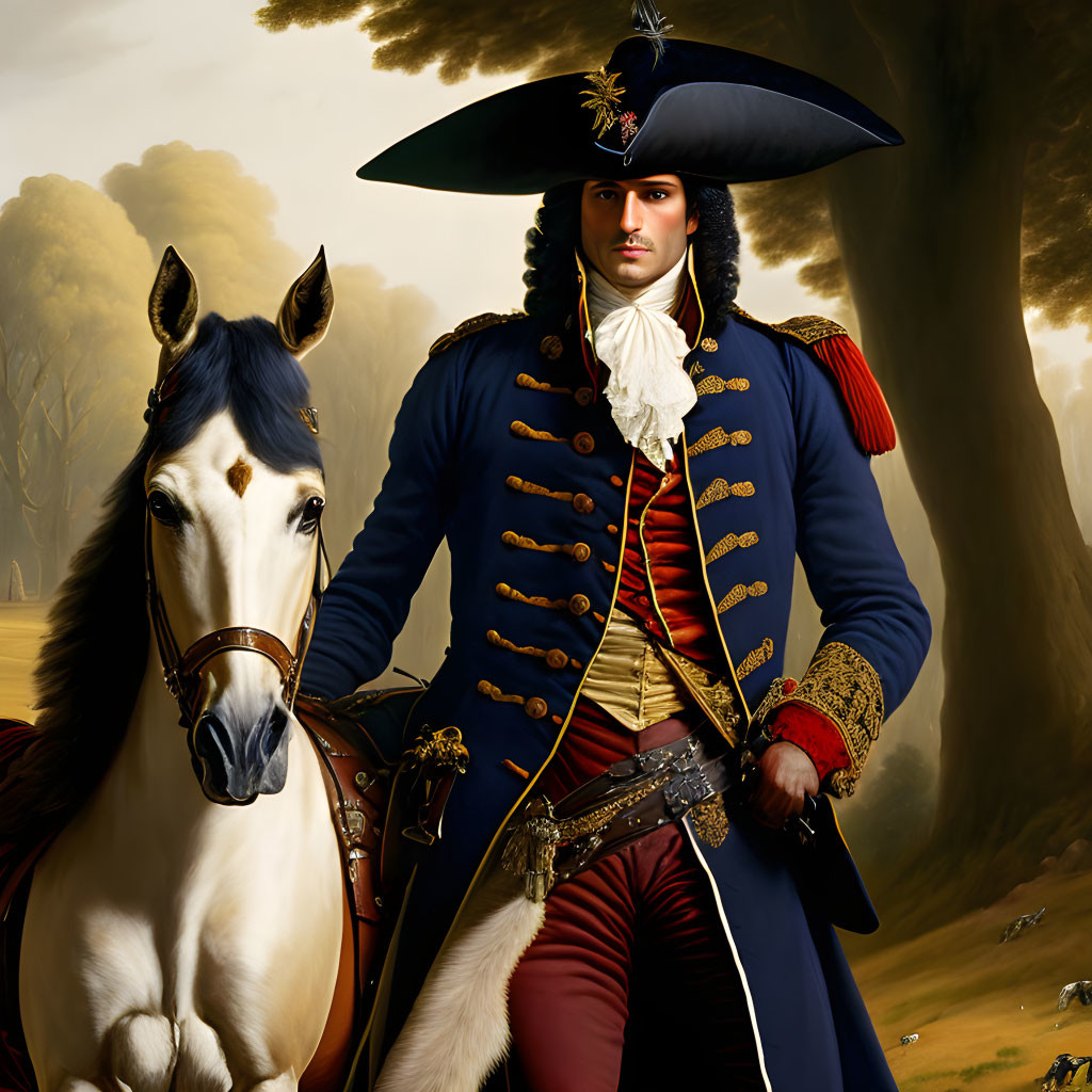 Digital illustration of historical figure in military uniform with horse