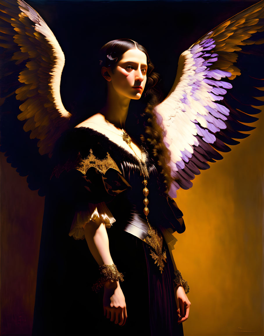 Person in Dark Elegant Dress with Large Multi-Colored Wings on Dark Yellow Background