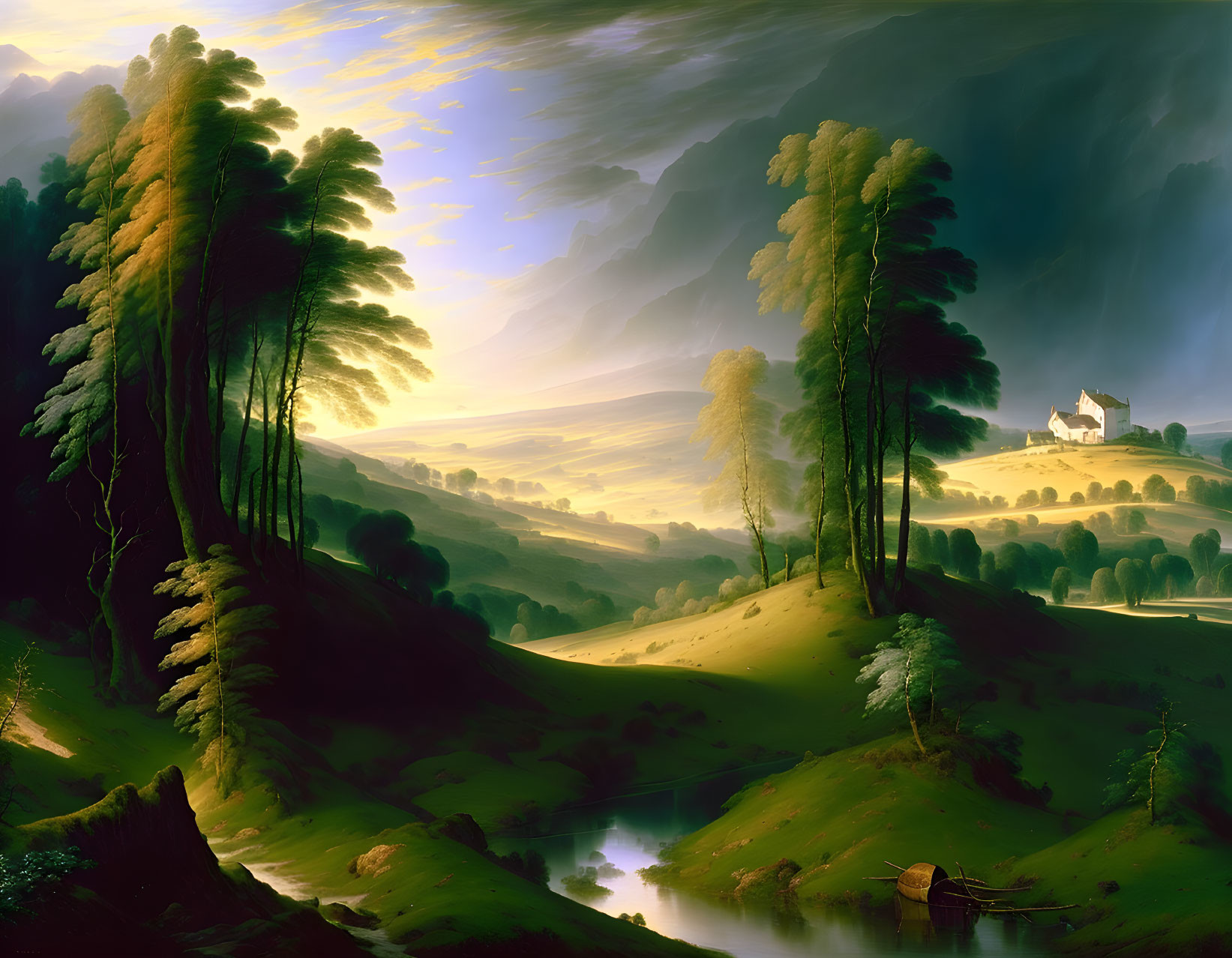 Serene landscape with glowing sunrise over hills, house, trees, reflective lake, dramatic sky