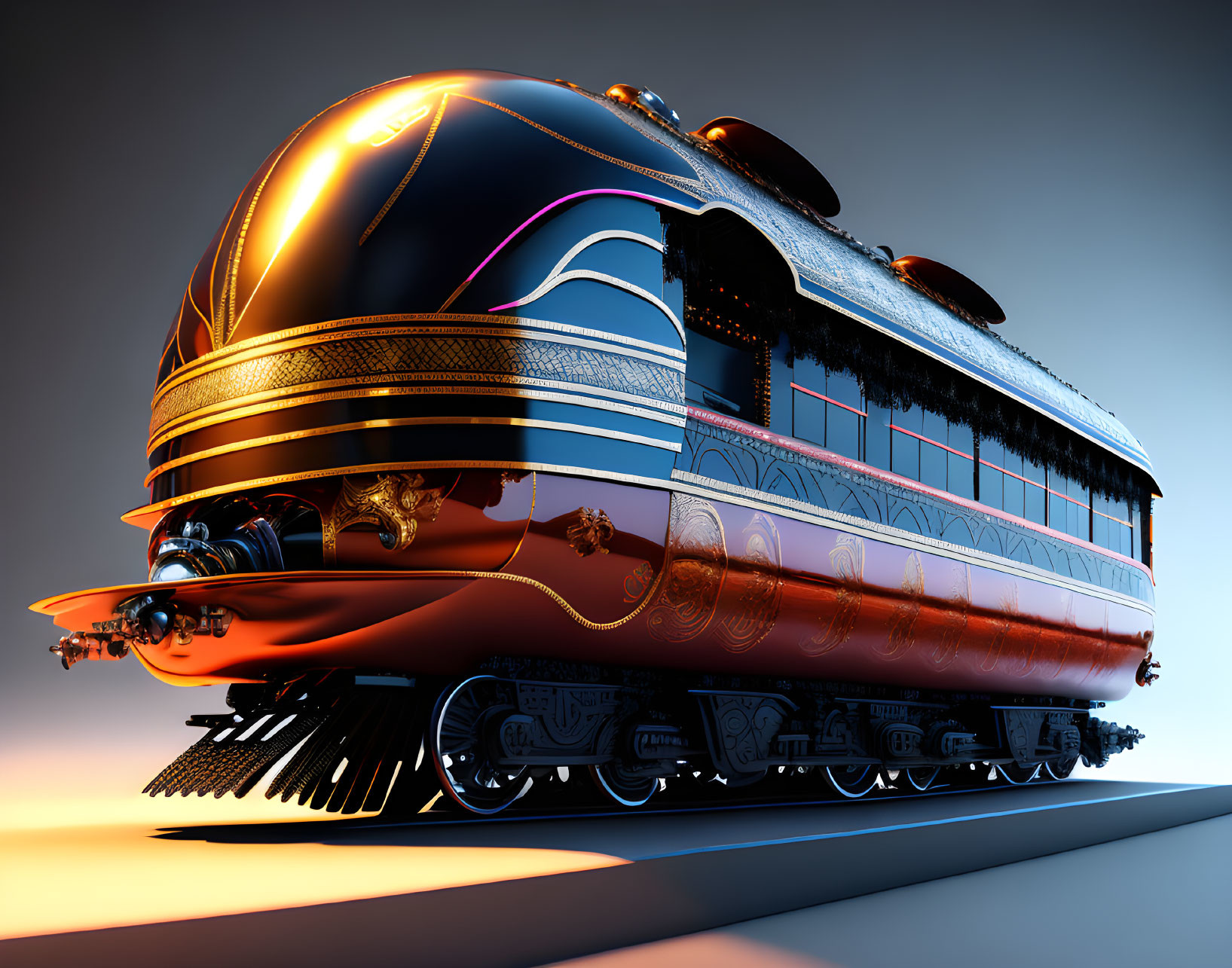 Futuristic metallic train with neon and gold accents gliding on track