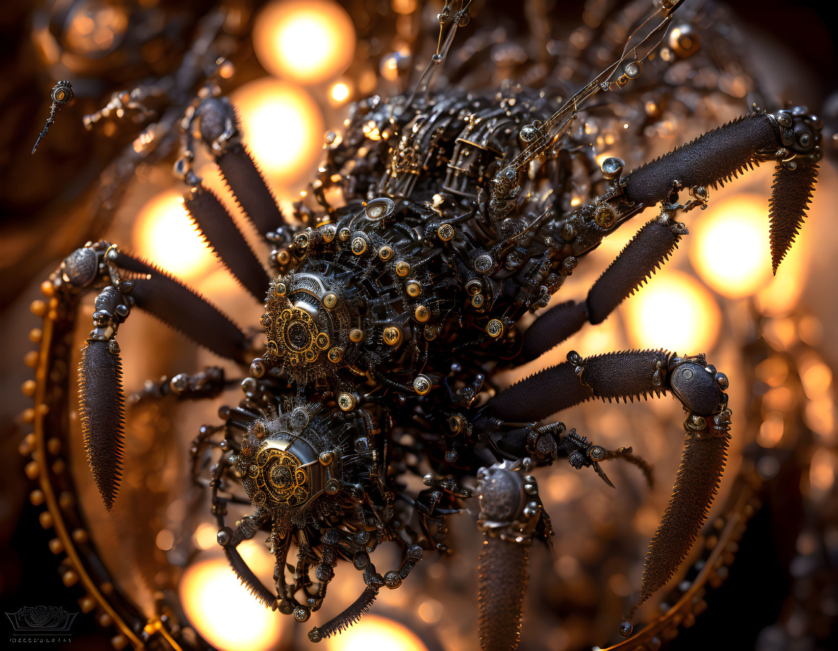 Detailed Mechanical Spider with Gears and Glowing Orbs