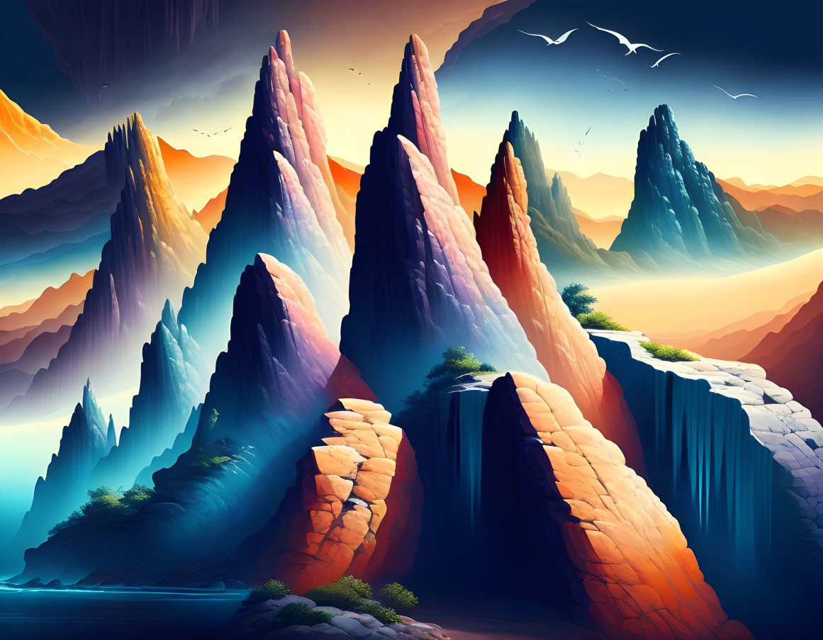 Surreal mountain peaks in warm to cool colors under tranquil sky