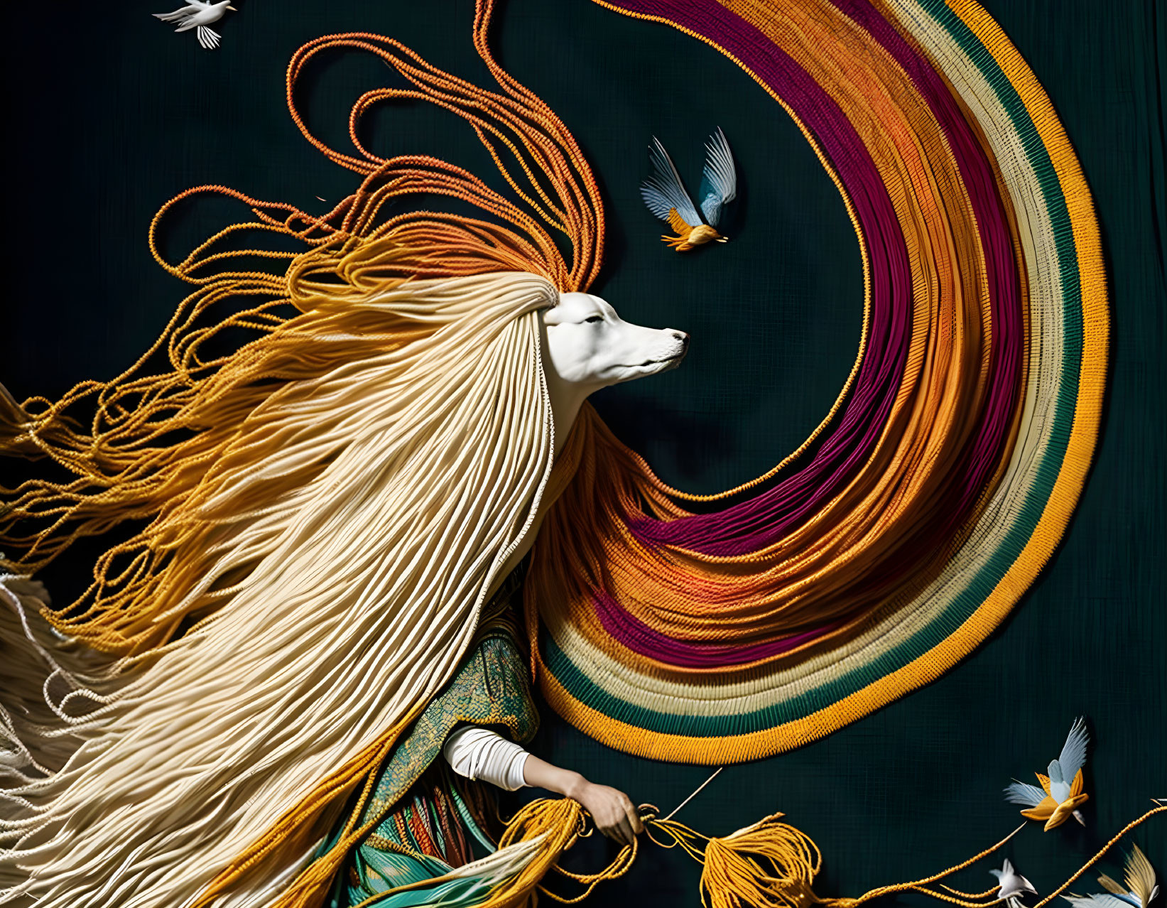 Surreal image of person with horse head and flowing hair among flying birds