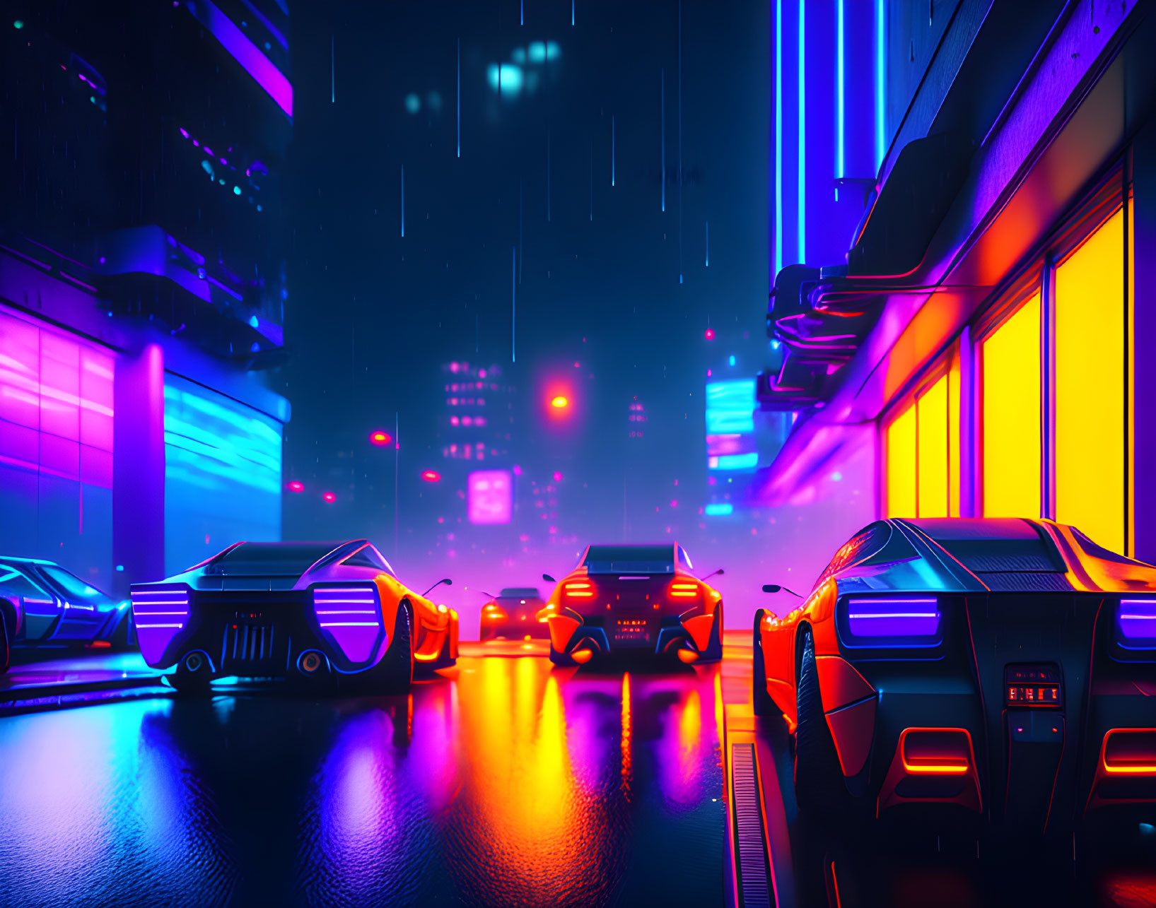 Nighttime city street with neon lights and high-tech cars in the rain