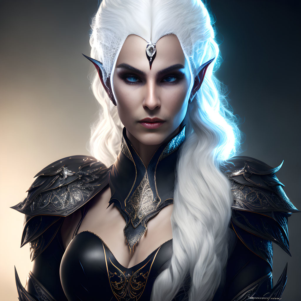 Fantasy female character with white hair and glowing blue eyes in dark armor with gold accents on gradient background