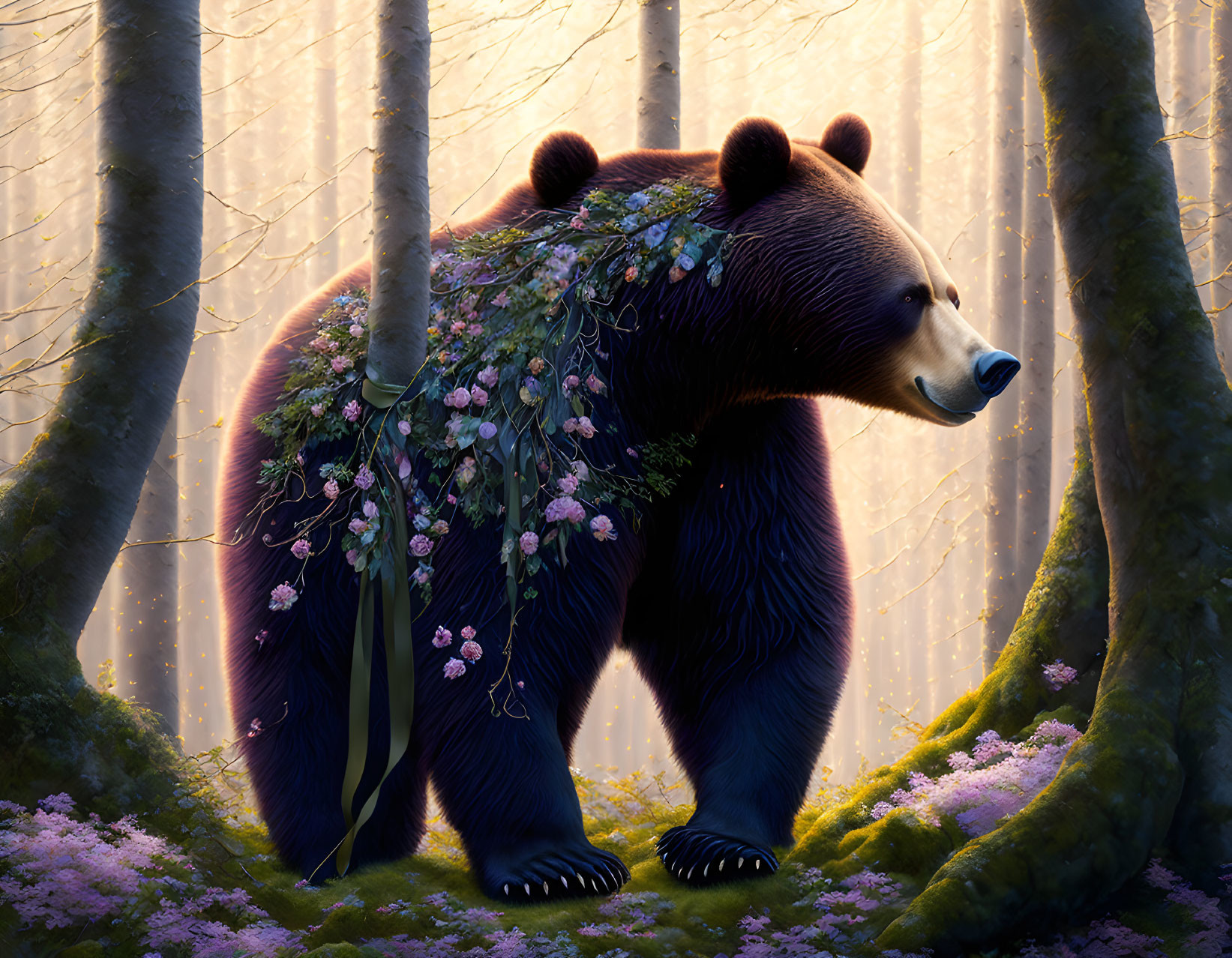 Floral Bear in Enchanted Forest with Purple Flowers