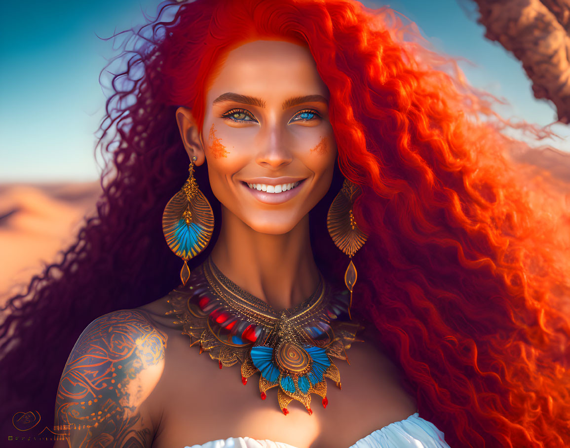 Vibrant woman with red hair and tattoos in desert scene