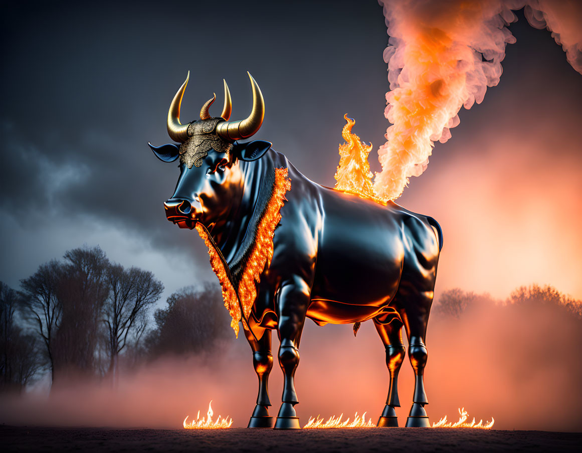 Stylized metallic bull with golden horns in fiery scene