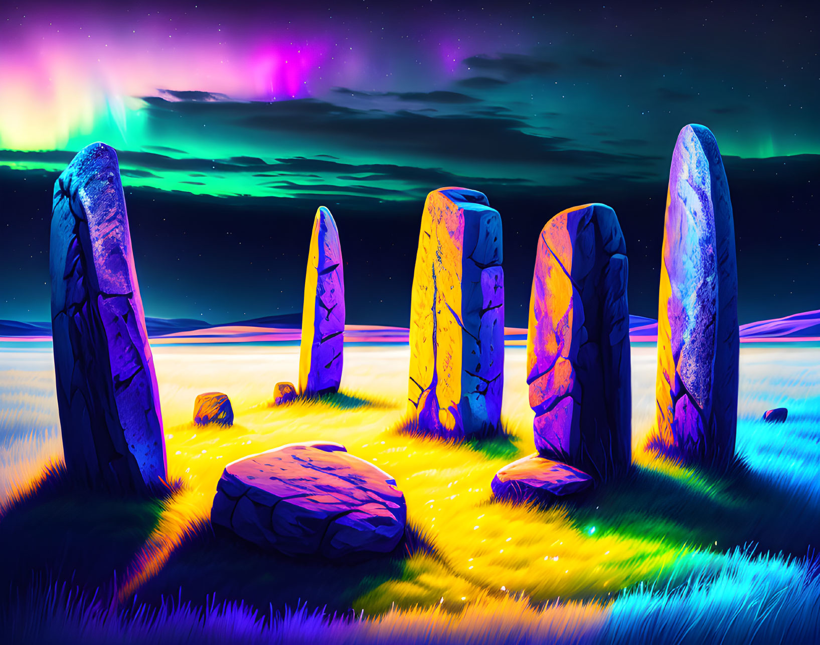 Mystical stone circle under night sky with northern lights