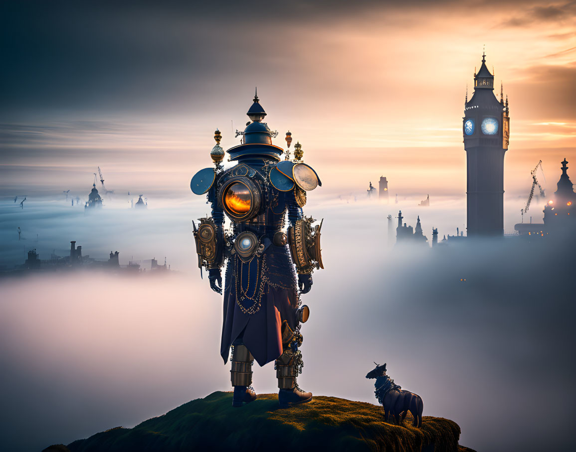 Steampunk robot with sheep on grassy outcrop above foggy cityscape