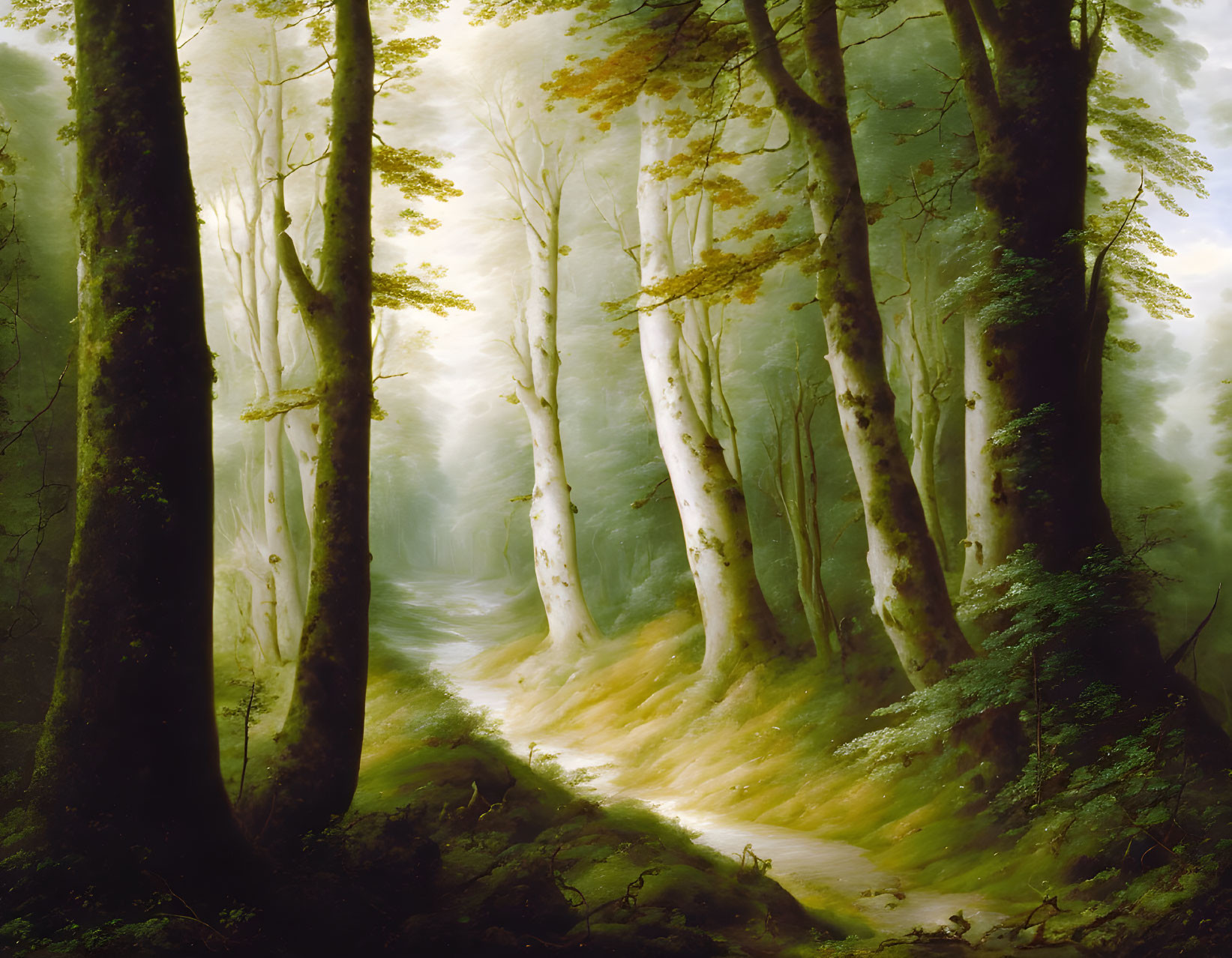 Sunlight illuminates dense forest path with green and yellow foliage