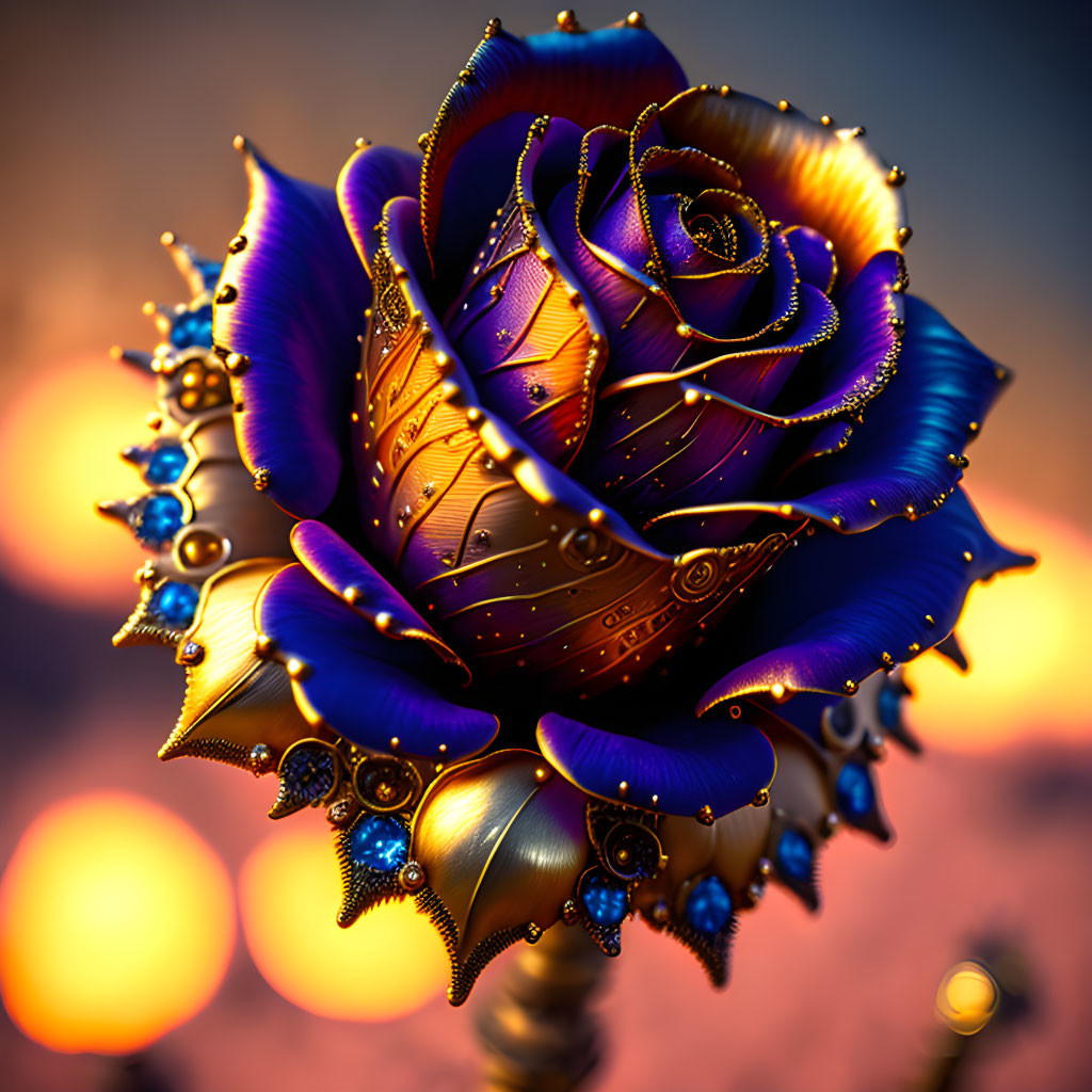 Metallic rose with blue and gold gradient hues and intricate patterns on bokeh backdrop