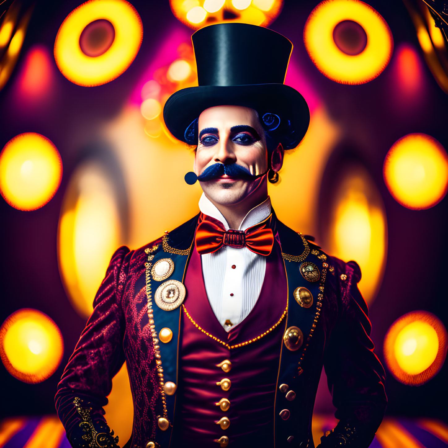 Ringmaster costume with top hat, bow tie, red and gold jacket, and mustache.