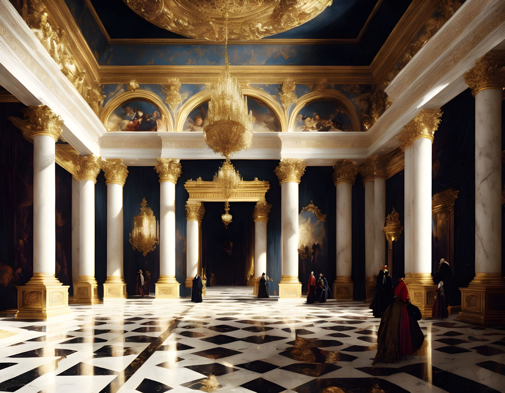 Luxurious Grand Hall with Marble Floor and Gold Accents