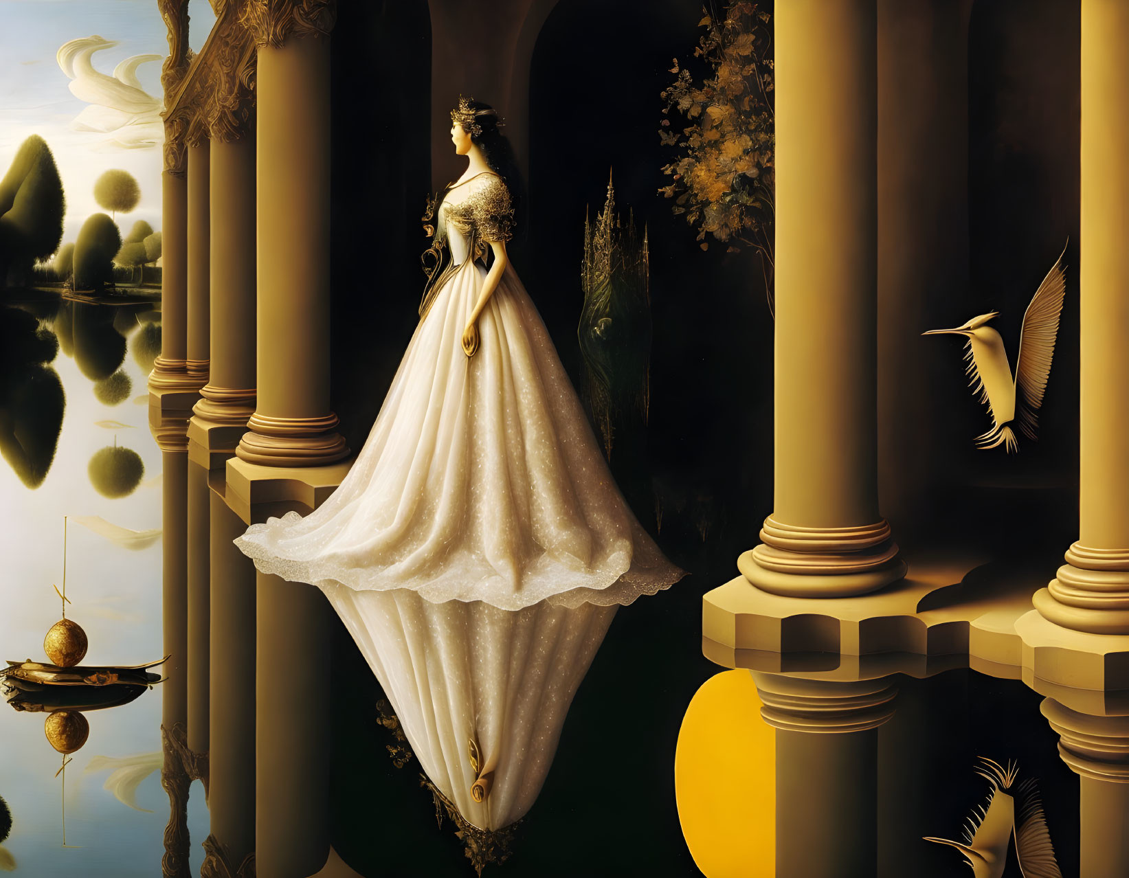 Surreal scene featuring woman in ornate gown, classical pillars, birds, spheres, and reflective