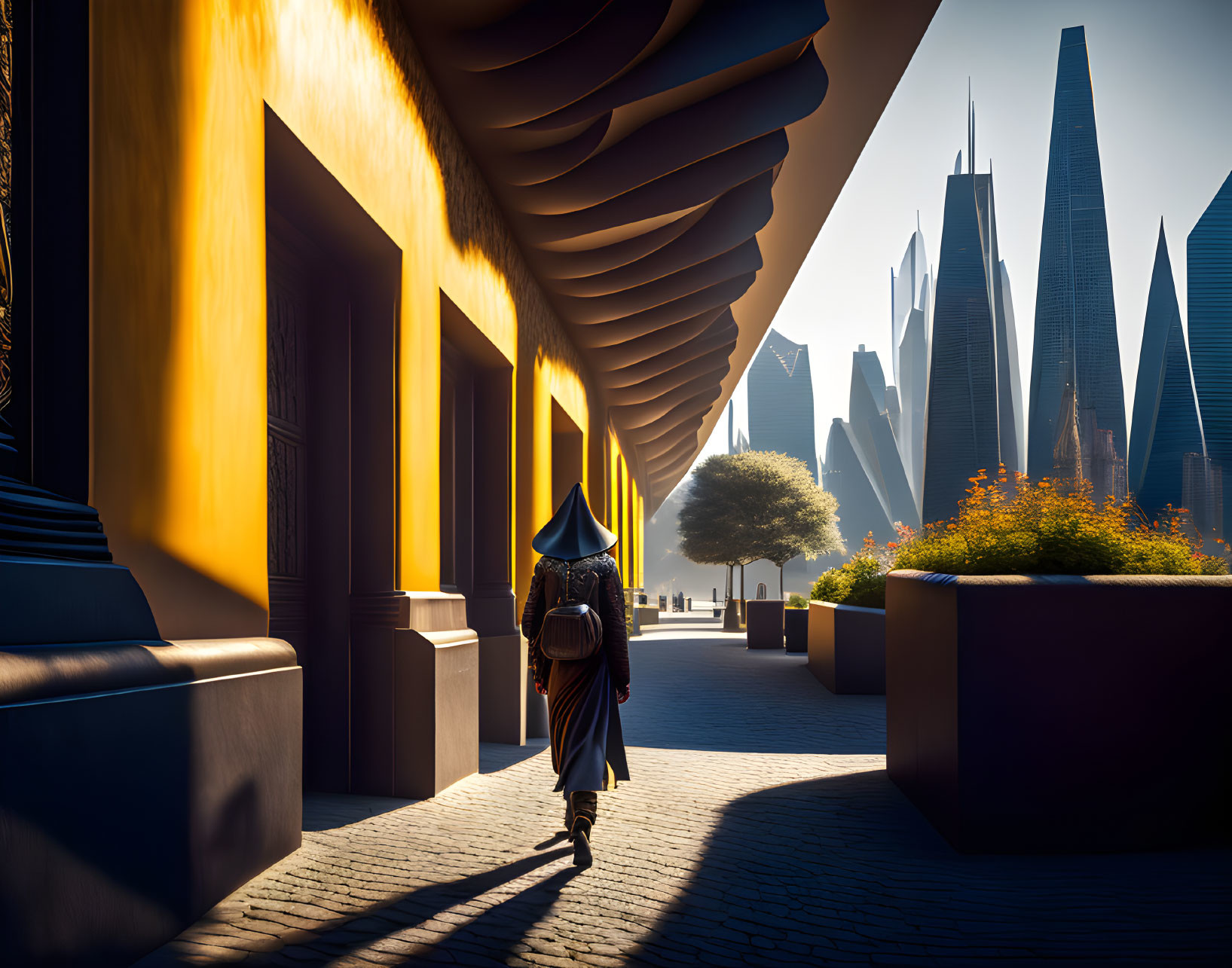 Futuristic outfit in modern city with high-rise buildings