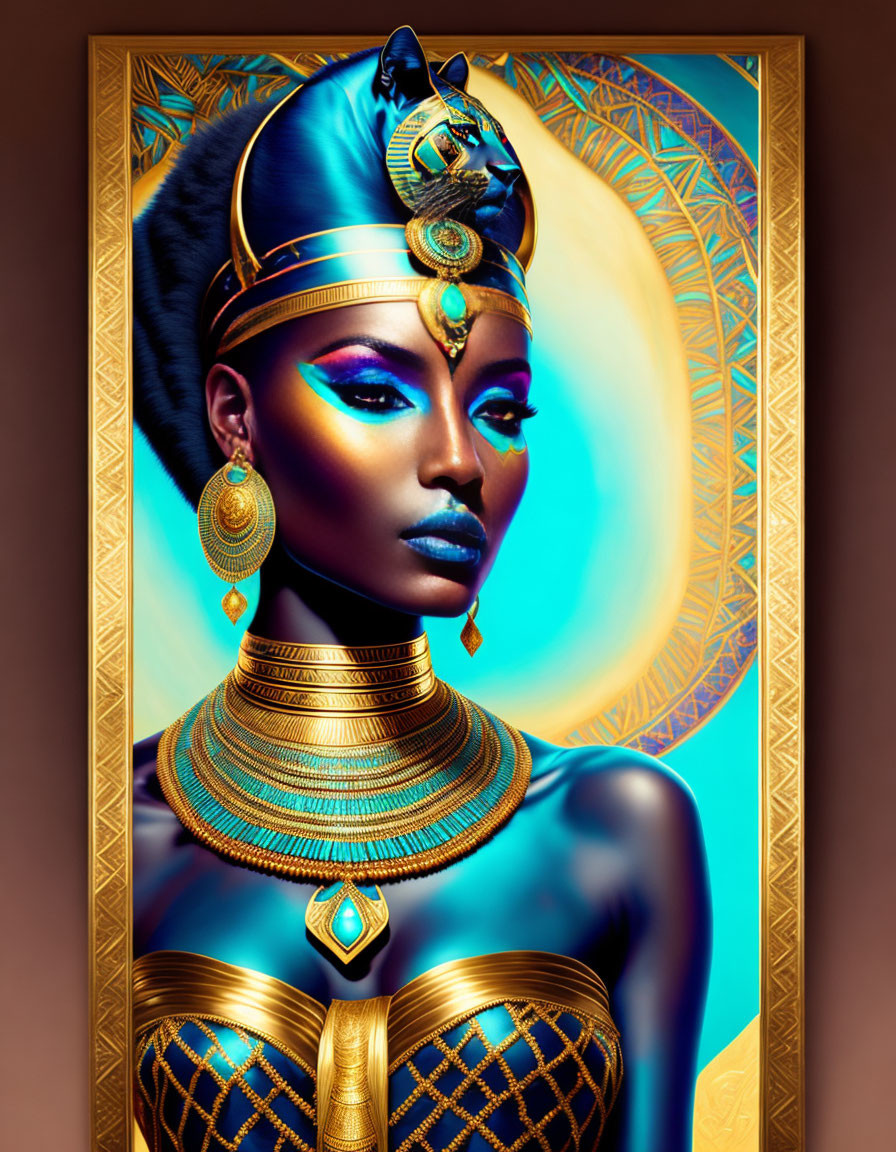 Egyptian Queen Portrait with Traditional Headdress and Golden Jewelry