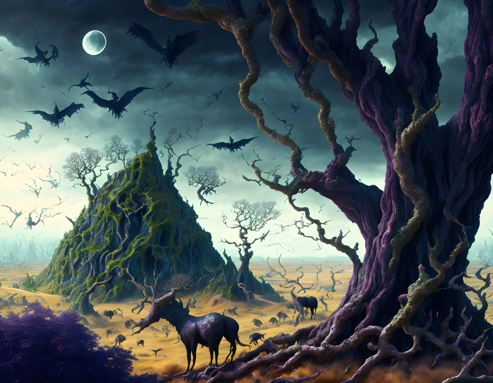 Mystical landscape at dusk with ancient tree, flying creatures, moss-covered hill, elk, barren