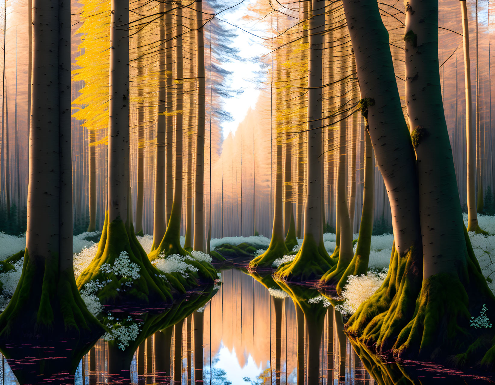 Tranquil forest scene with tall trees, reflecting in water, white flowers, and warm sunlight.