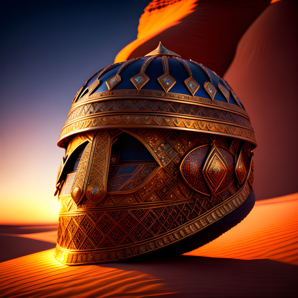 Ancient helmet on desert dune at sunset