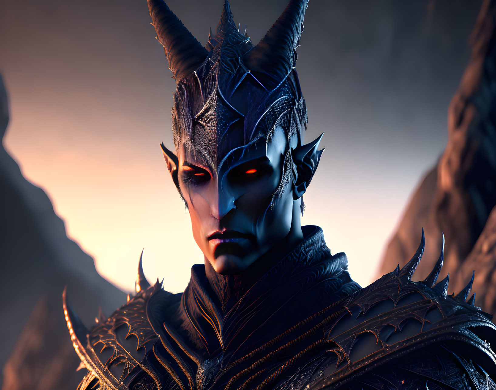 Blue-skinned figure in black armor with glowing eyes on rocky background