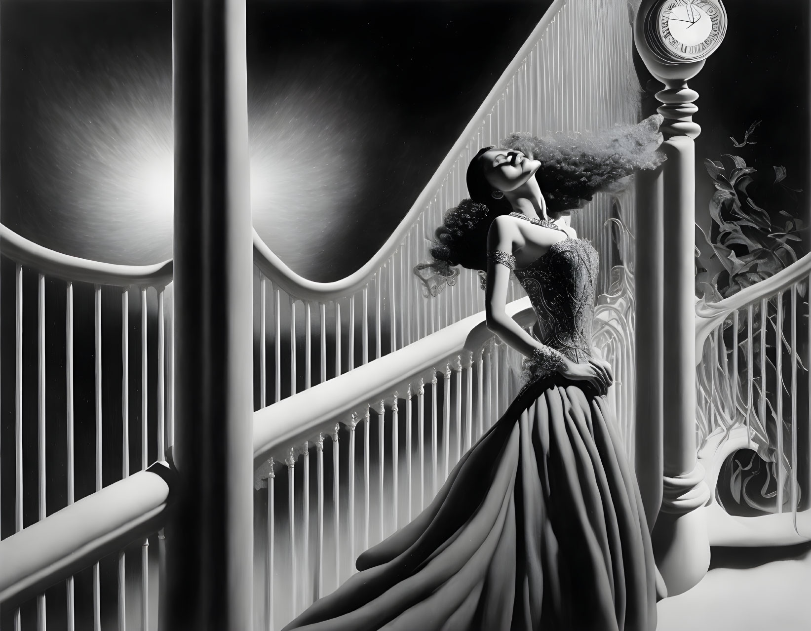 Monochrome image of woman in elegant gown by staircase with clock