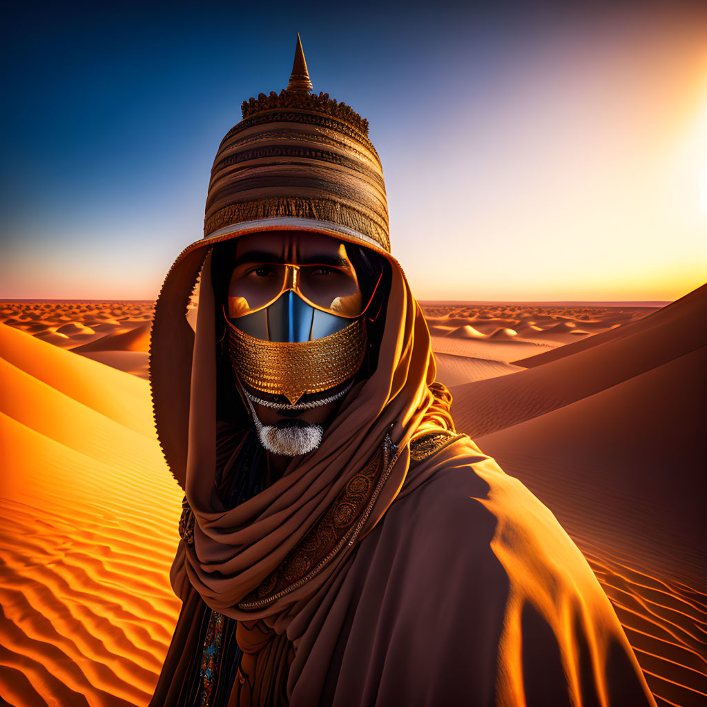 Person in traditional desert attire with turban and veil in front of vast sand dunes at sunset