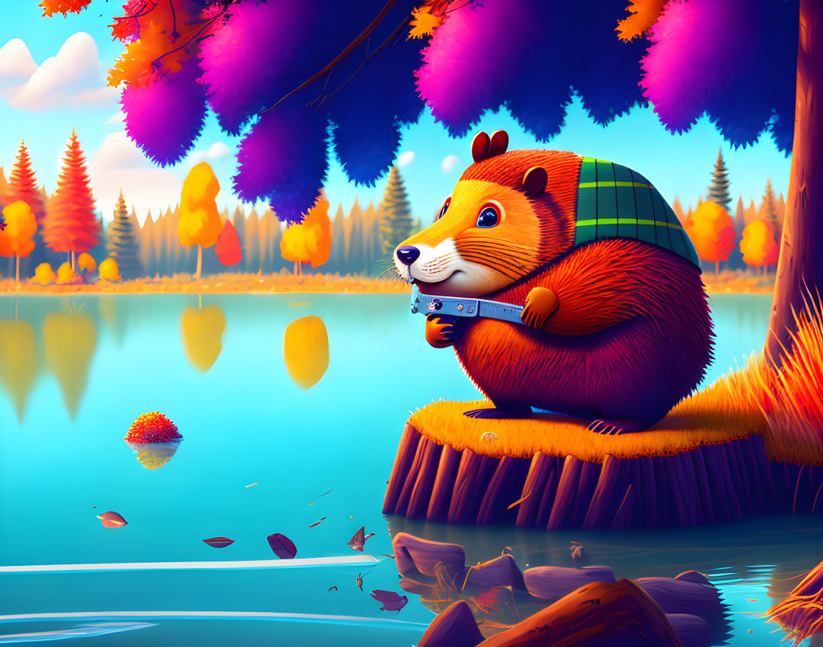 Illustration of cute squirrel with backpack by lake and autumn trees