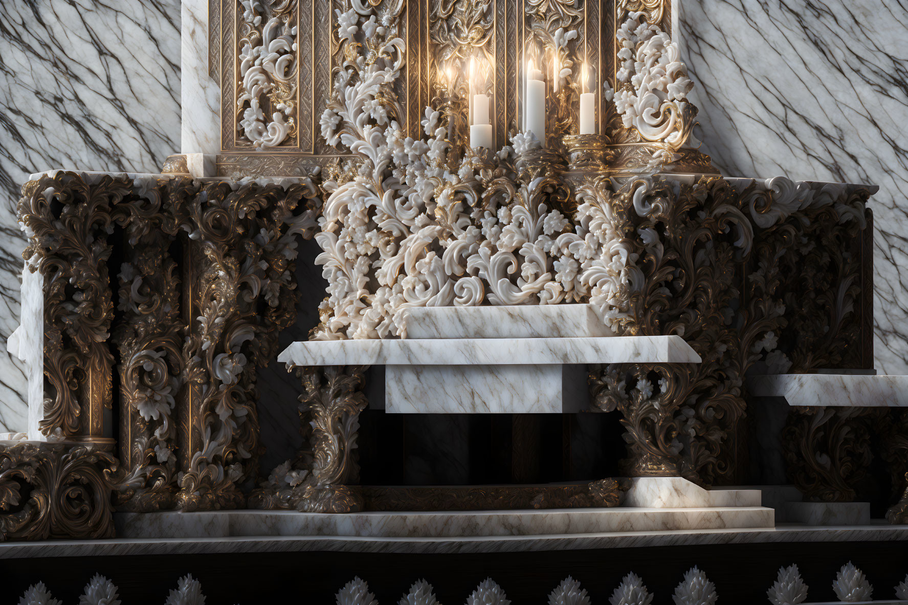 Intricate Baroque Altar with Carvings and Candlelight