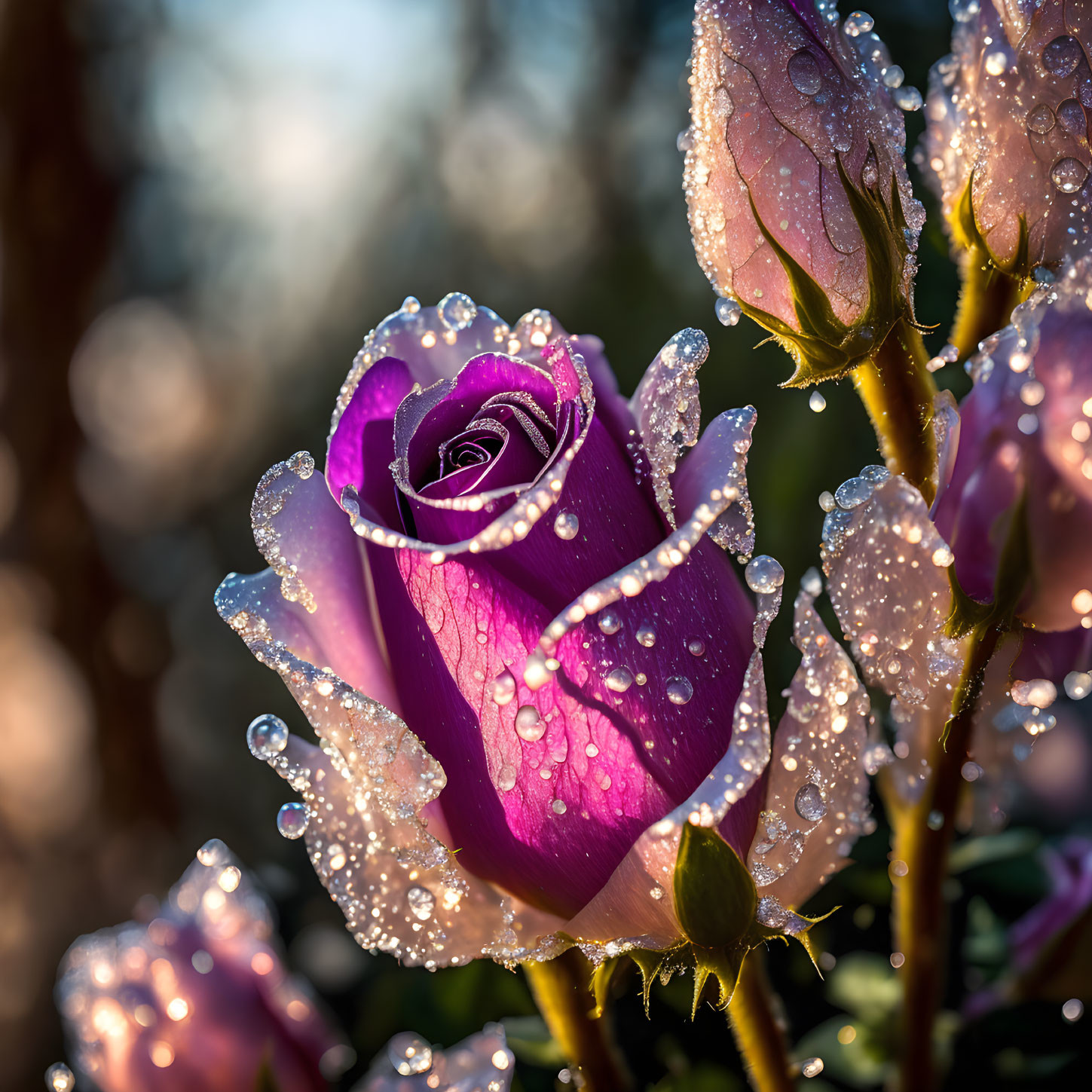 Dew-covered purple rose with sunlight highlighting water droplets