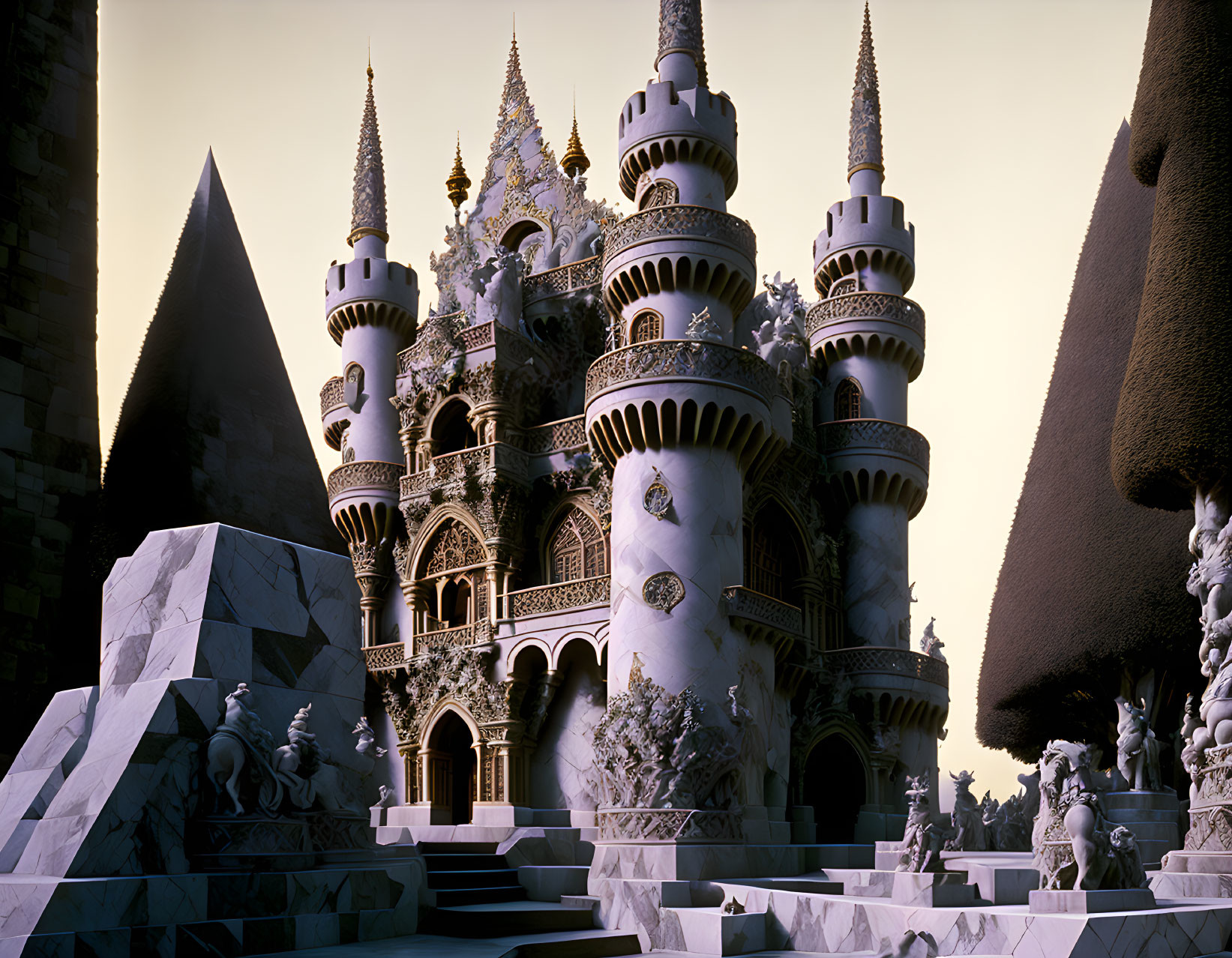 Fantasy castle with spires and detailed architecture in twilight sky