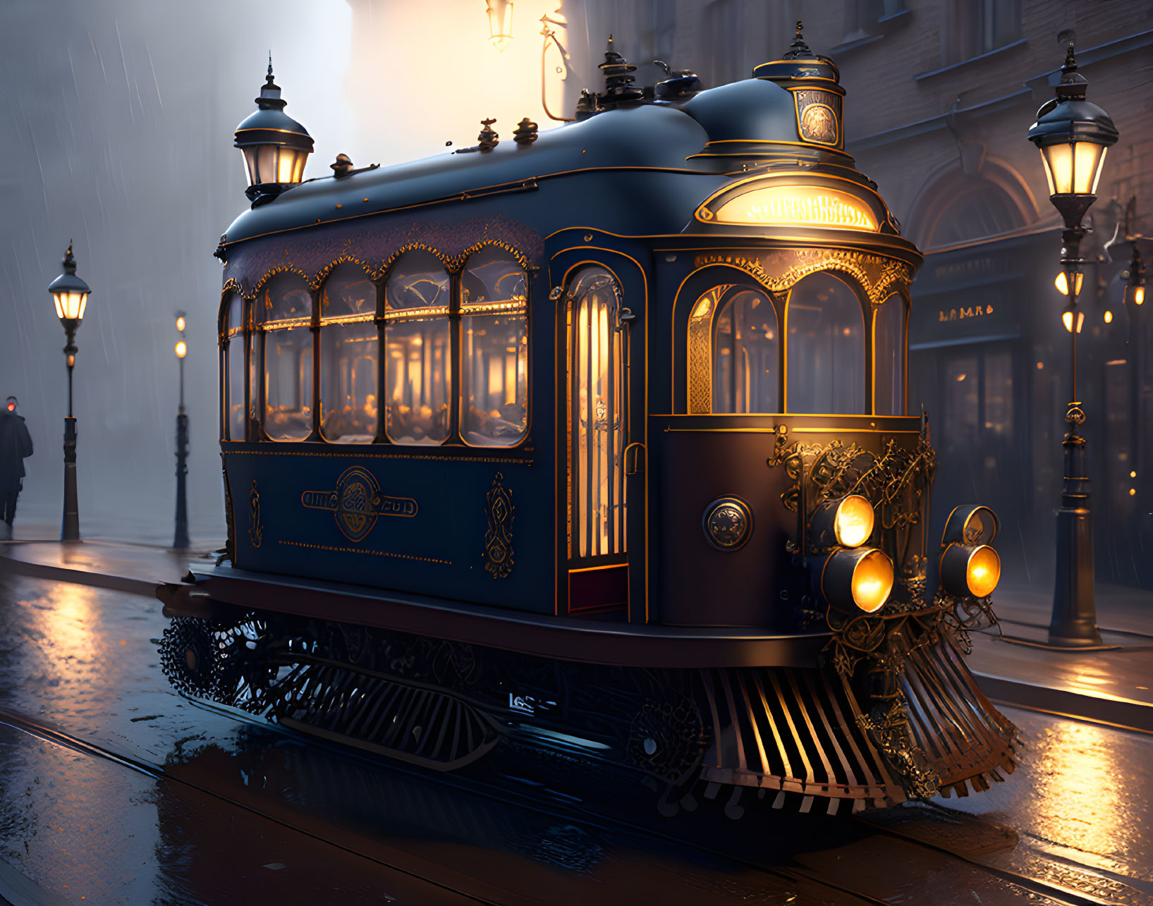 Vintage tram on misty, cobblestone street with warm lights