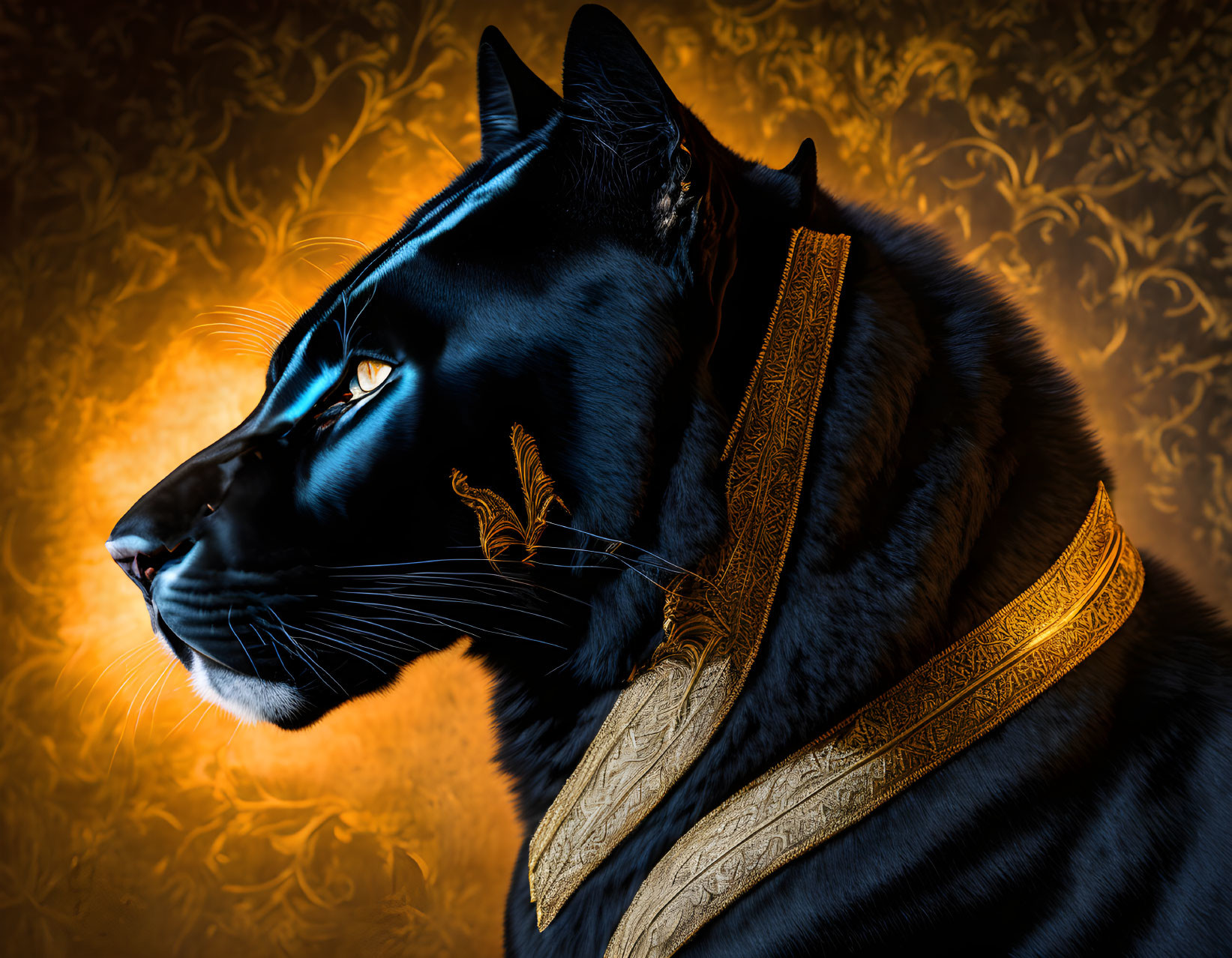 Majestic black panther with golden collar on fiery backdrop