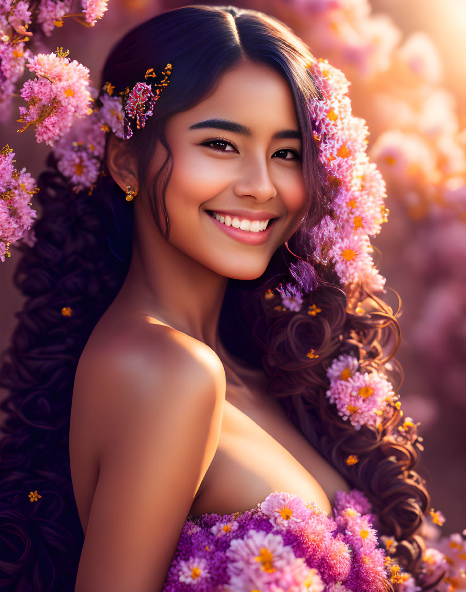 Smiling woman with long wavy hair and pink flowers in warm light surrounded by blossoming branches