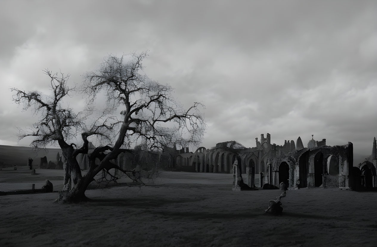 Desolate landscape with gnarled tree and gothic ruins in grayscale