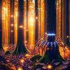 Enchanted forest with large spider and glowing lights at sunset