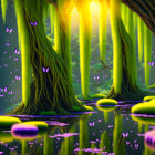 Vibrant green forest with purple butterflies and sunlit misty background