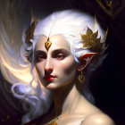 Fantasy character with white hair, leaf crown, and jewelry on dark background