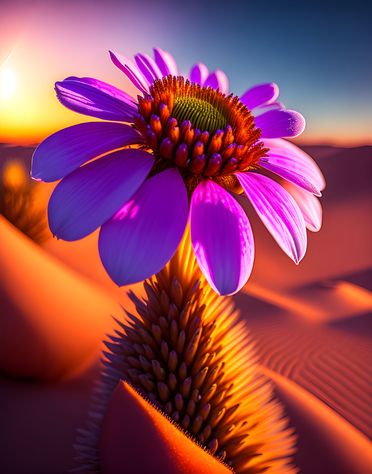 Purple Flower and Orange Sand Dunes at Sunset