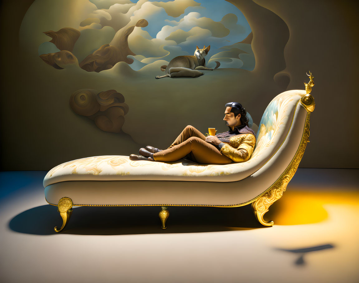 Person lounging on ornate chaise with whimsical clouds and levitating cat