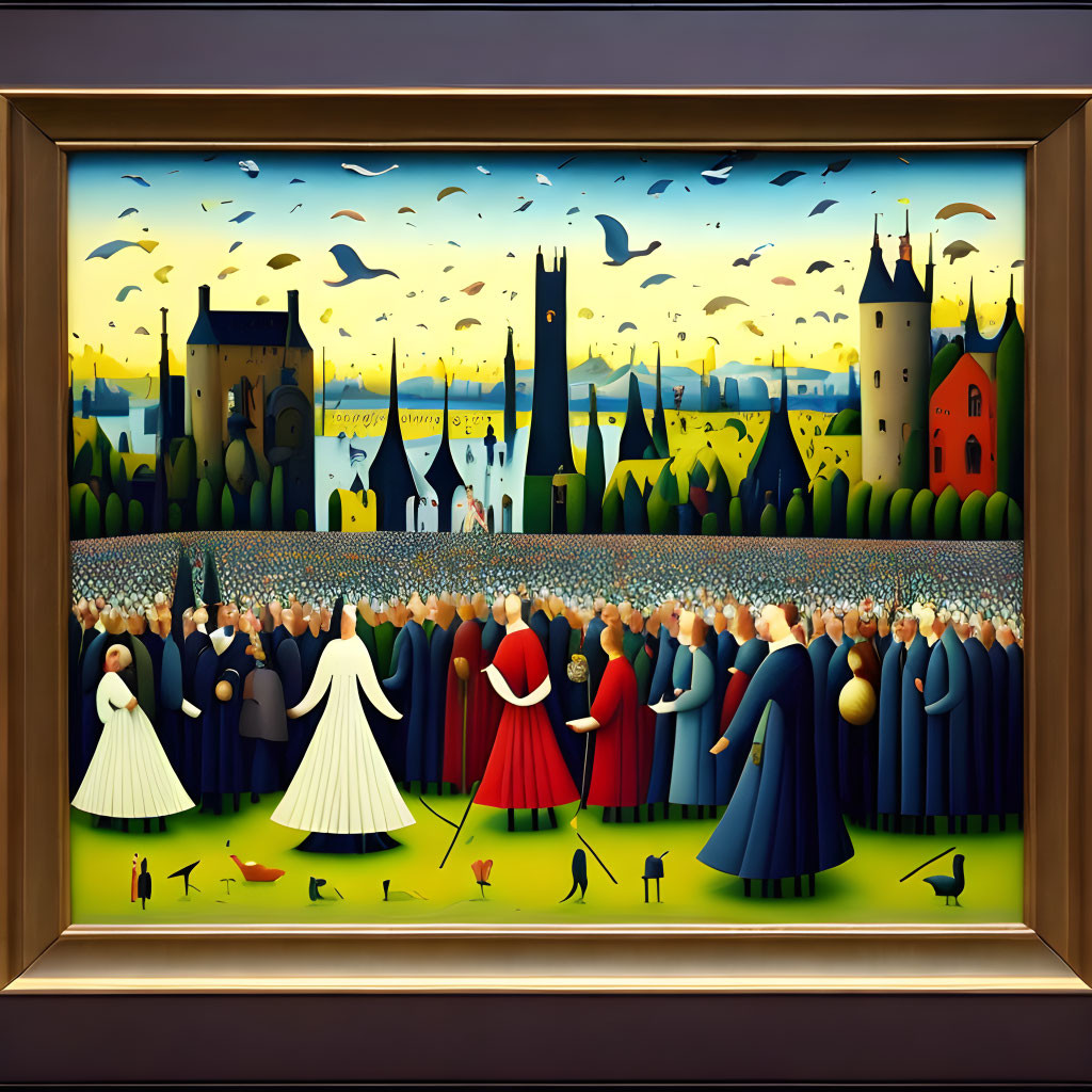 Colorful Naif-Style Medieval Gathering Painting with Castles and Birds