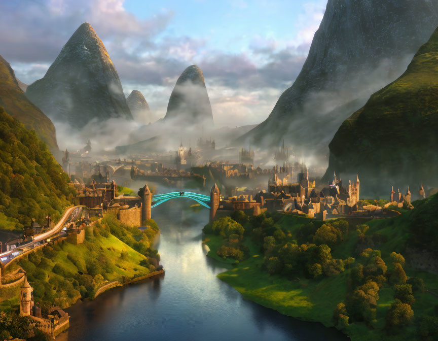 Majestic city in fantastical landscape with river and bridges