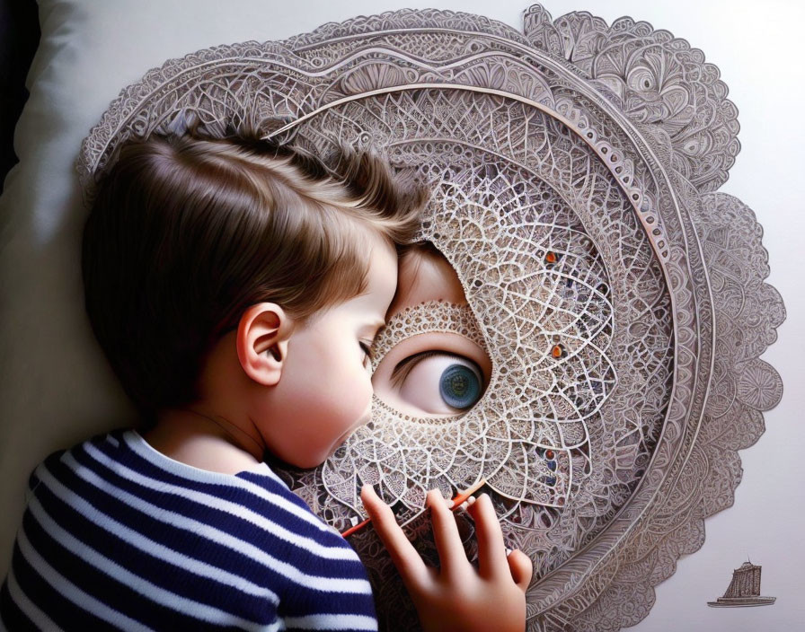 Child Sleeping with Intricate Circular Pattern and Surreal Eye Design