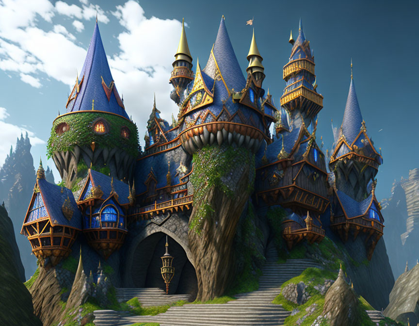 Fantastical castle with spires on tree, mountains backdrop