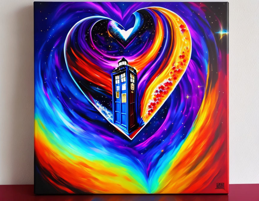 Colorful painting of police box in cosmic setting with heart-shaped swirl.