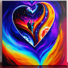 Colorful painting of police box in cosmic setting with heart-shaped swirl.