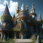 Fantastical castle with spires on tree, mountains backdrop