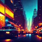 Retro-futuristic city street at night with neon lights