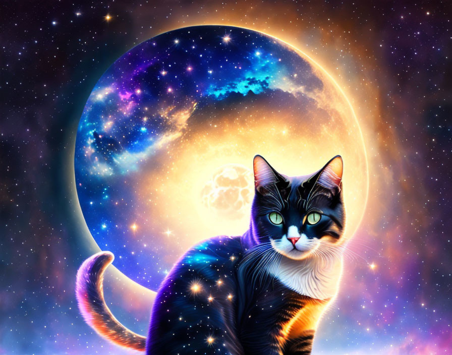 Digital art: Black and white cat with green eyes in cosmic setting