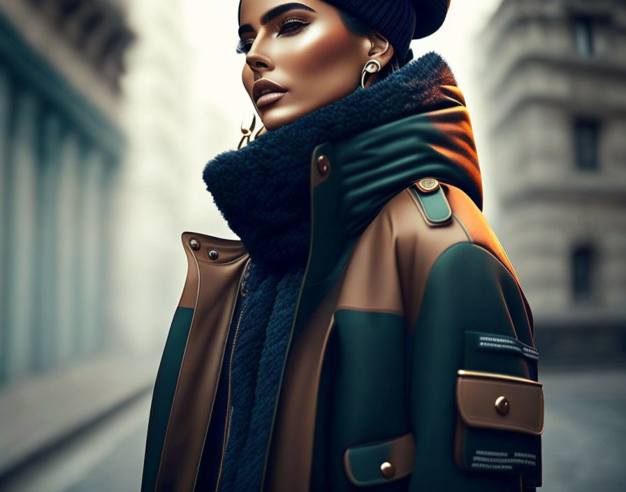 Fashionable woman in olive green coat and blue scarf on urban street.